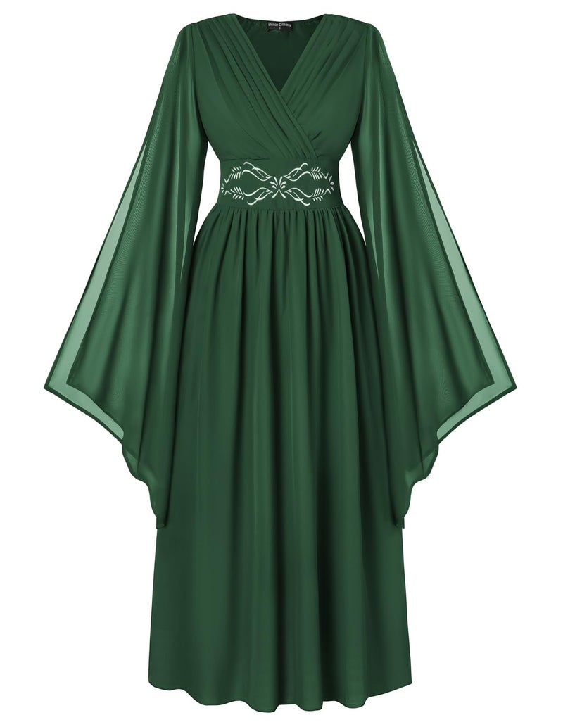 Scarlet Darkness Renaissance Faire Costume Women Wrap V Neck Long Bell Sleeve Fairy Dresses with Pockets - Image 1