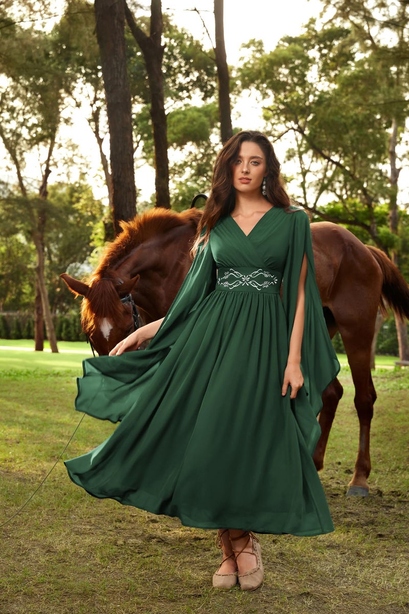 Scarlet Darkness Renaissance Faire Costume Women Wrap V Neck Long Bell Sleeve Fairy Dresses with Pockets - Image 3