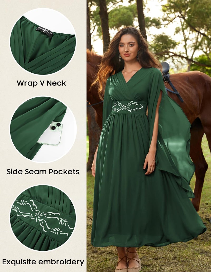 Scarlet Darkness Renaissance Faire Costume Women Wrap V Neck Long Bell Sleeve Fairy Dresses with Pockets - Image 4