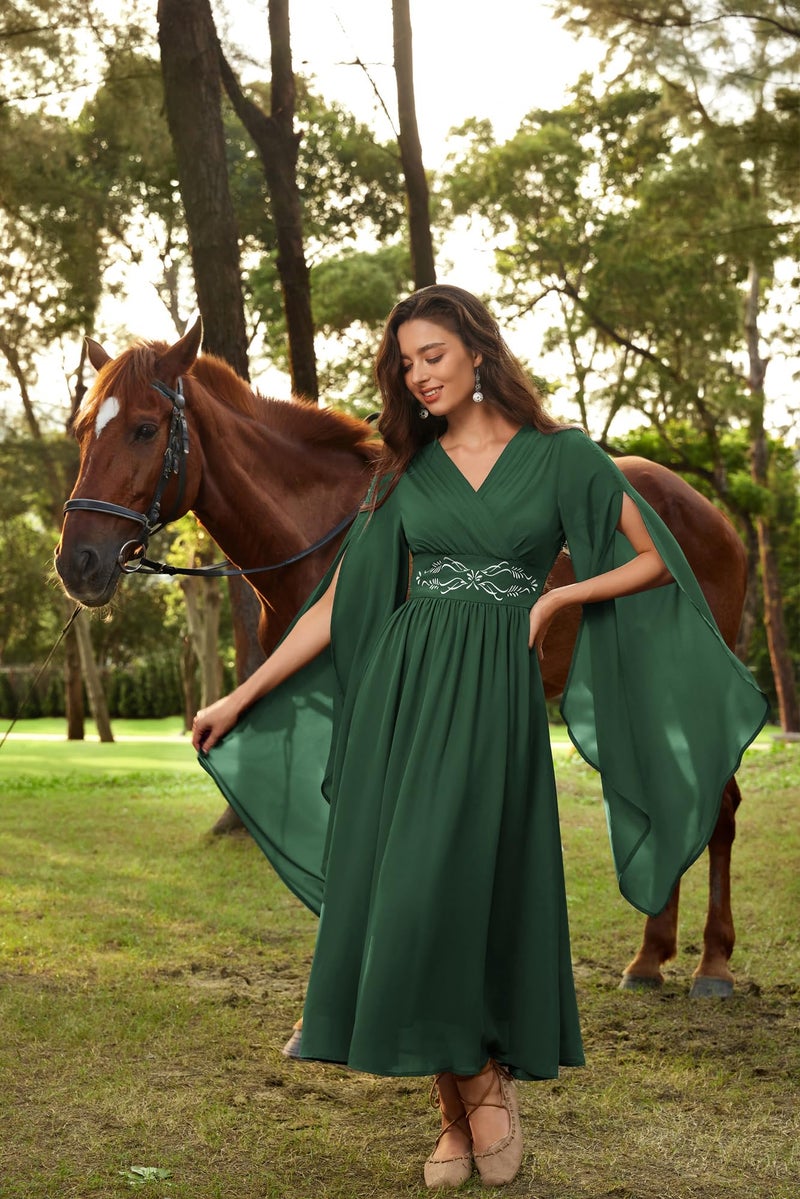 Scarlet Darkness Renaissance Faire Costume Women Wrap V Neck Long Bell Sleeve Fairy Dresses with Pockets - Image 2