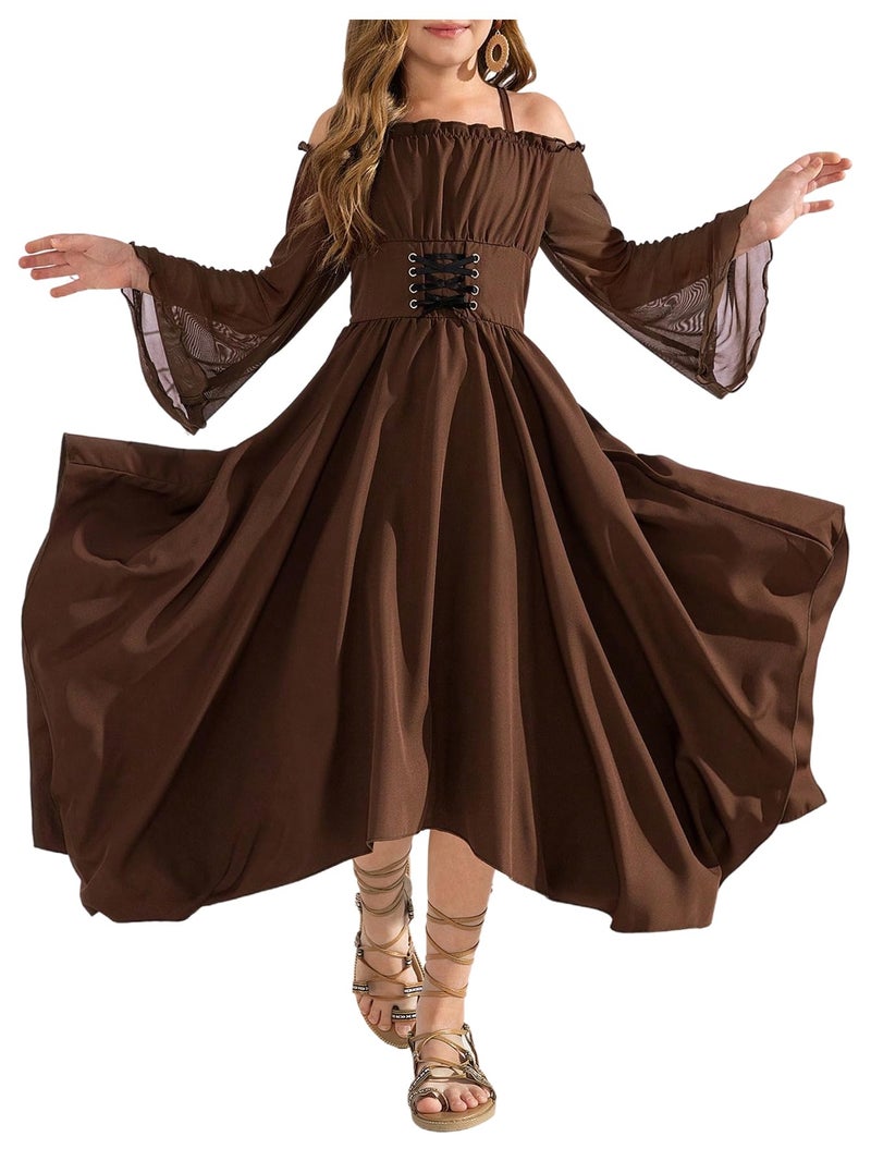 Verdusa Tween Girls Dress Ruffle Lace Up Corset Dress Flare Sleeve Asymmetrical Long Flowy Dresses Mocha Brown 12 Years - Image 1
