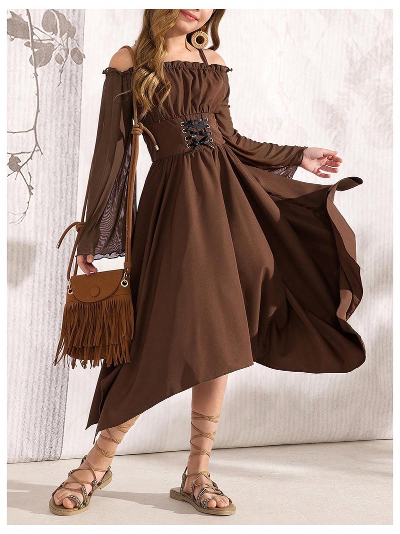 Verdusa Tween Girls Dress Ruffle Lace Up Corset Dress Flare Sleeve Asymmetrical Long Flowy Dresses Mocha Brown 12 Years - Image 3