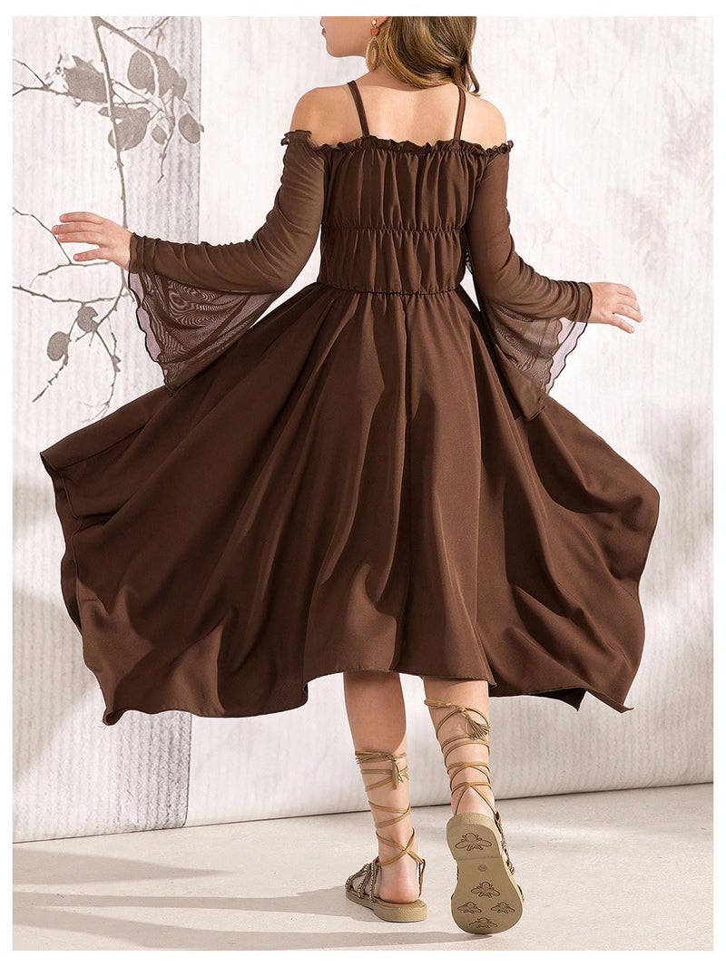 Verdusa Tween Girls Dress Ruffle Lace Up Corset Dress Flare Sleeve Asymmetrical Long Flowy Dresses Mocha Brown 12 Years - Image 2