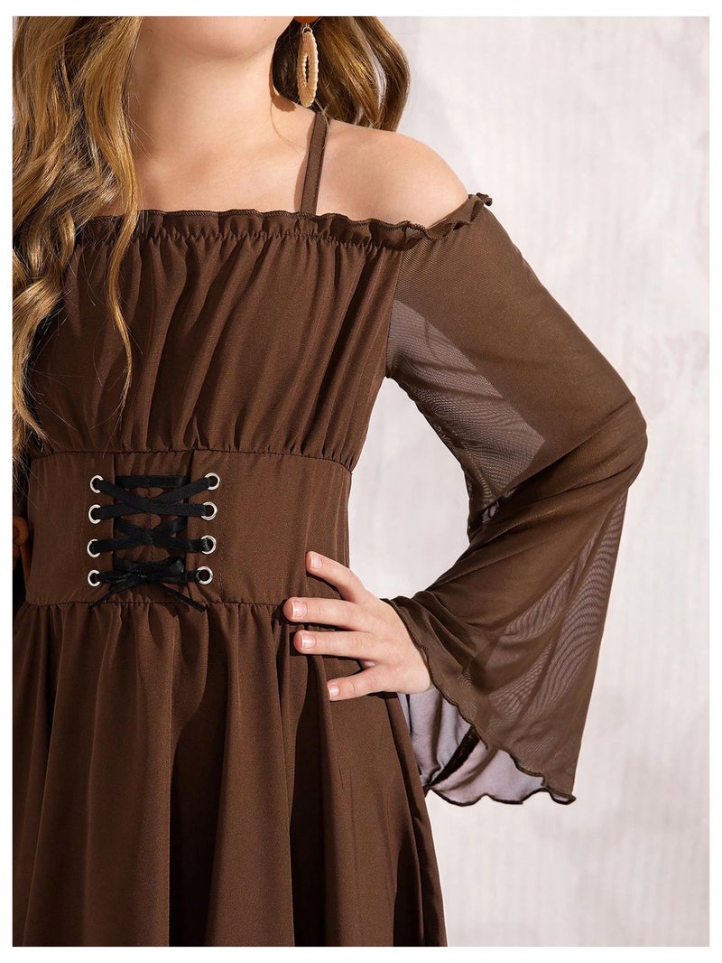 Verdusa Tween Girls Dress Ruffle Lace Up Corset Dress Flare Sleeve Asymmetrical Long Flowy Dresses Mocha Brown 12 Years - Image 5