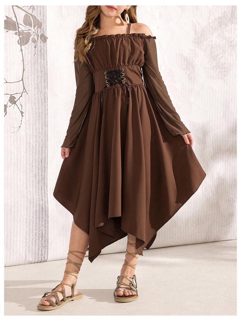 Verdusa Tween Girls Dress Ruffle Lace Up Corset Dress Flare Sleeve Asymmetrical Long Flowy Dresses Mocha Brown 12 Years - Image 4
