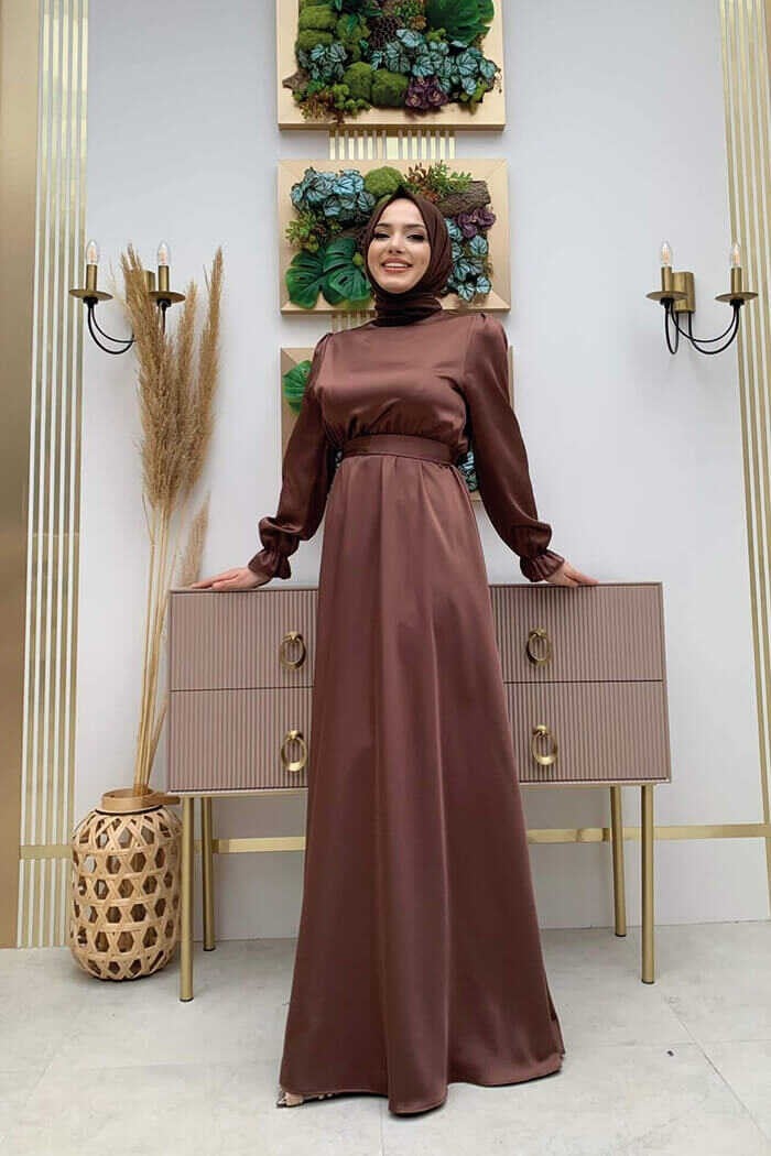 Bym Fashion Bym Waist Belt Detail Plain Satin Evening Dress 3791 Brown - Image 1