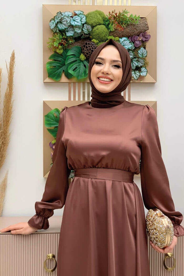 Bym Fashion Bym Waist Belt Detail Plain Satin Evening Dress 3791 Brown - Image 4