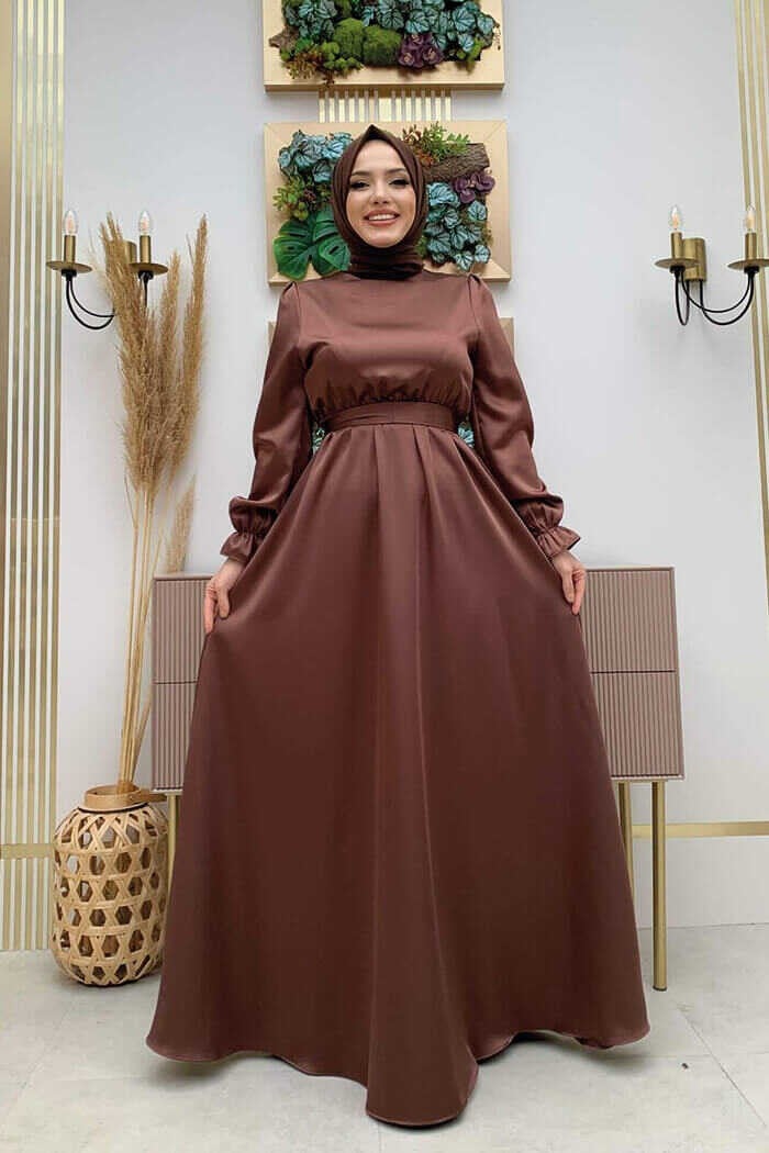 Bym Fashion Bym Waist Belt Detail Plain Satin Evening Dress 3791 Brown - Image 2