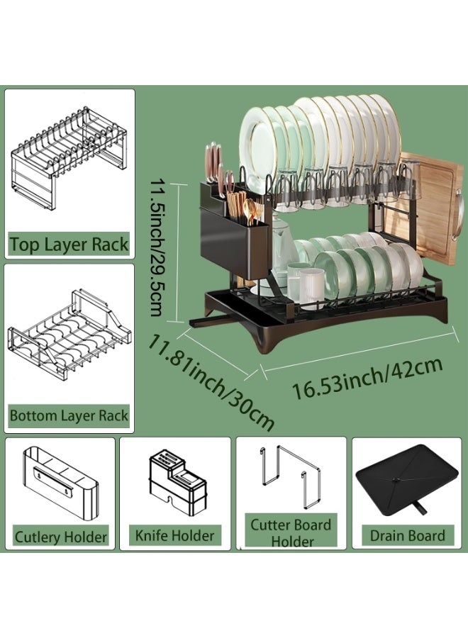 Eworld 2-Tier Dish Drying Rack for Kitchen Counter – Black Stainless Steel Rustproof Dish Drainer with 360° Swivel Spout, Cutlery & Cup Holder, Space Saving Organizer - Image 2