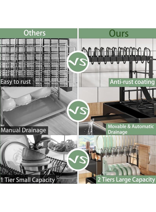 Eworld 2-Tier Dish Drying Rack for Kitchen Counter – Black Stainless Steel Rustproof Dish Drainer with 360° Swivel Spout, Cutlery & Cup Holder, Space Saving Organizer - Image 5
