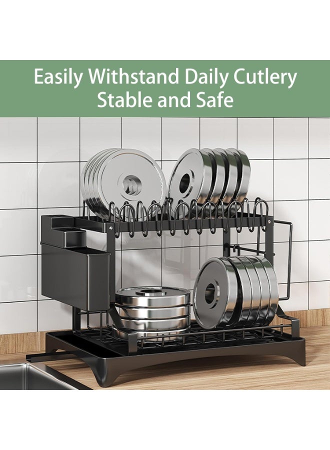 Eworld 2-Tier Dish Drying Rack for Kitchen Counter – Black Stainless Steel Rustproof Dish Drainer with 360° Swivel Spout, Cutlery & Cup Holder, Space Saving Organizer - Image 4