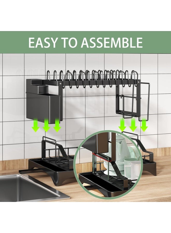 Eworld 2-Tier Dish Drying Rack for Kitchen Counter – Black Stainless Steel Rustproof Dish Drainer with 360° Swivel Spout, Cutlery & Cup Holder, Space Saving Organizer - Image 3