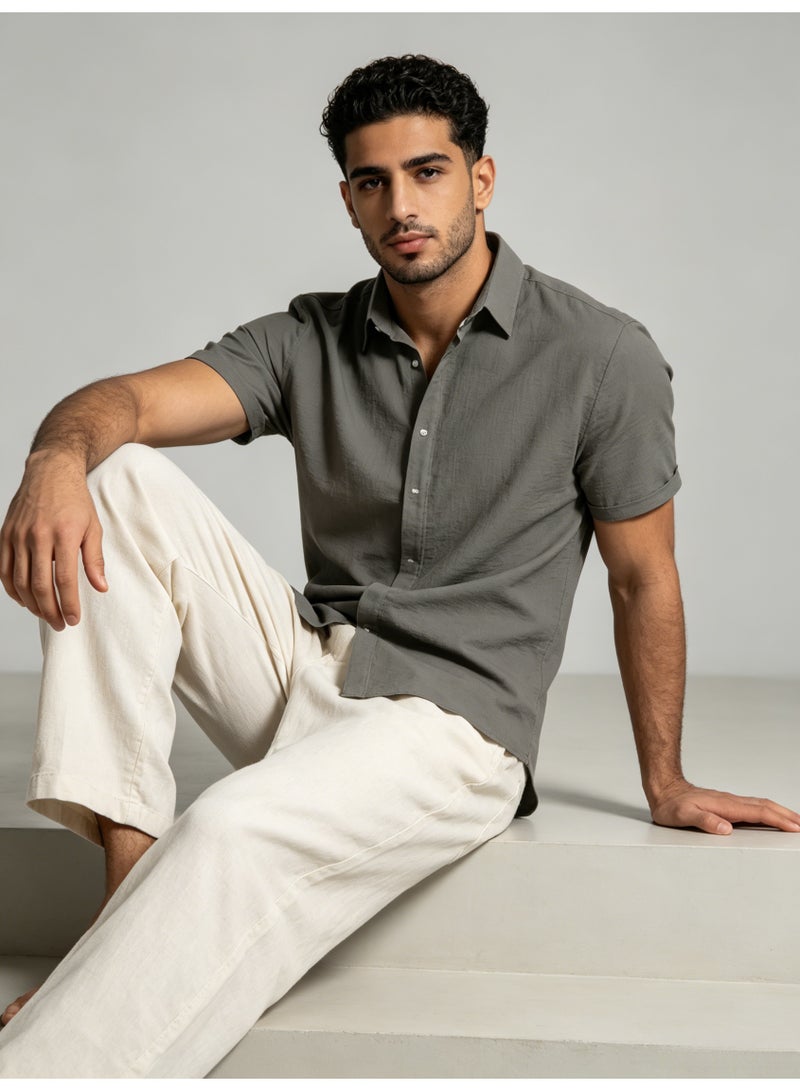 زارا ZARA Men’s Grey Textured Short Sleeve Button Down Casual Shirt - Image 1