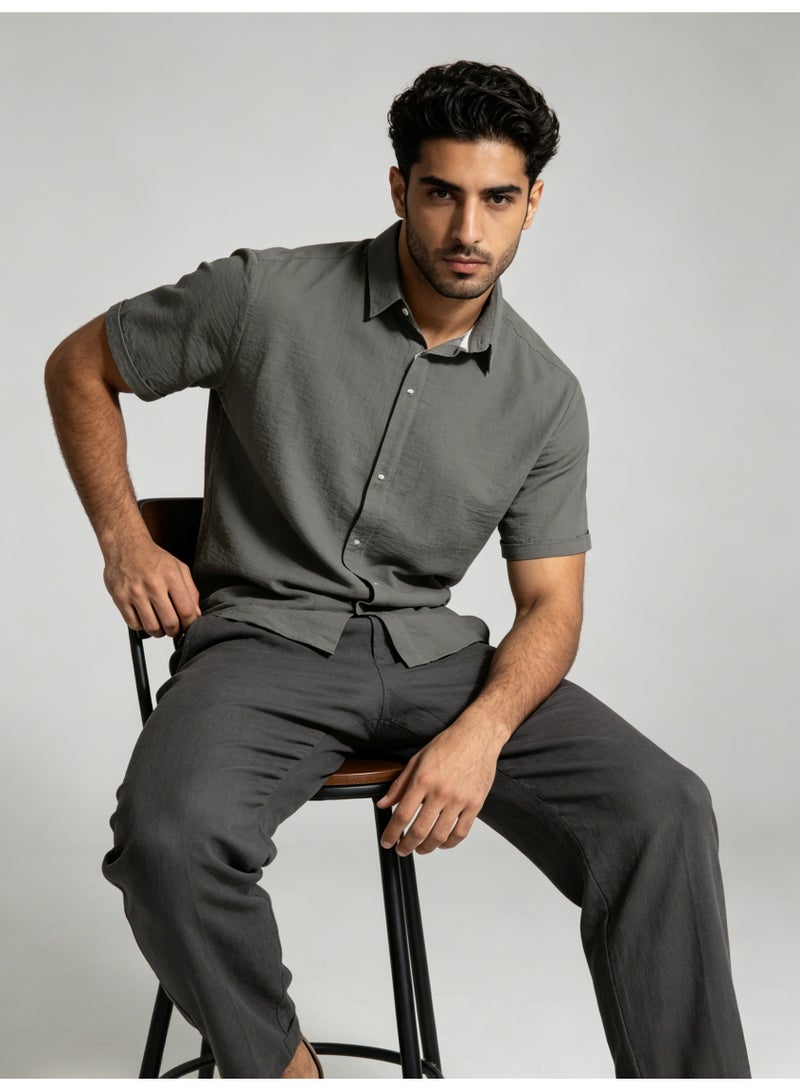زارا ZARA Men’s Grey Textured Short Sleeve Button Down Casual Shirt - Image 4
