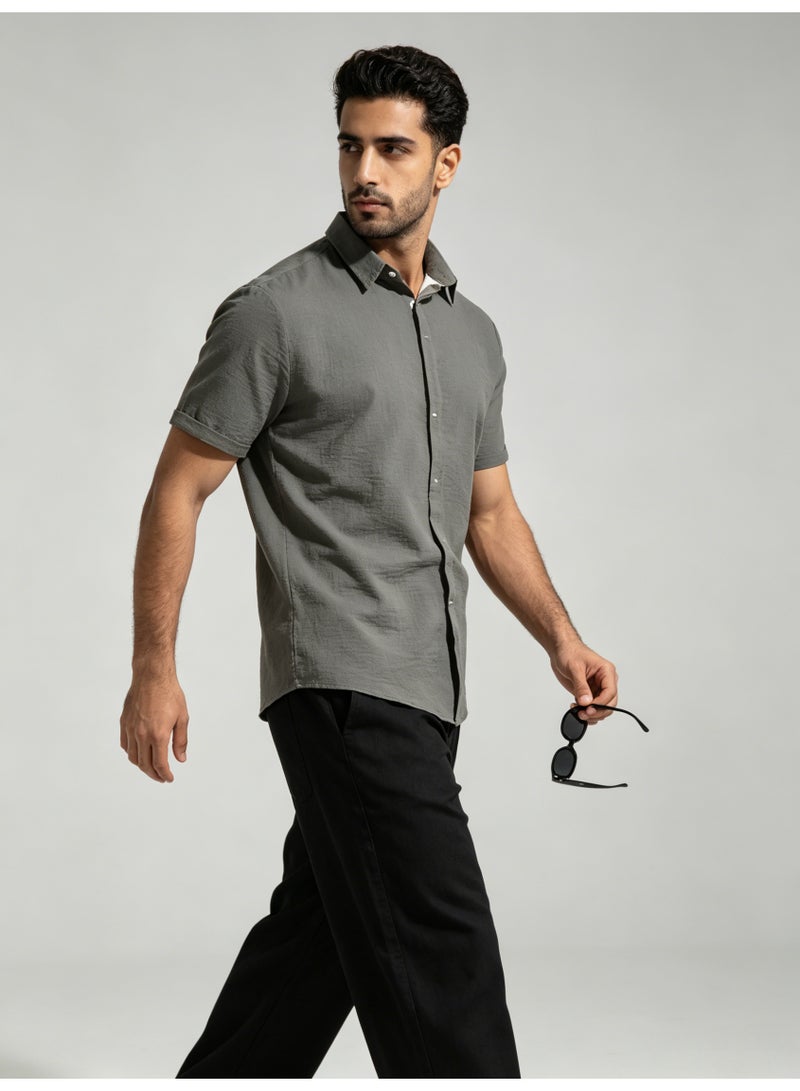 زارا ZARA Men’s Grey Textured Short Sleeve Button Down Casual Shirt - Image 5