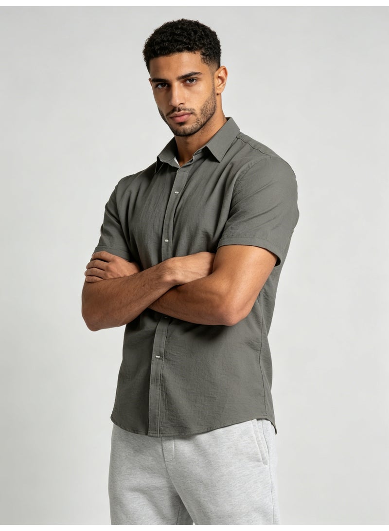 زارا ZARA Men’s Grey Textured Short Sleeve Button Down Casual Shirt - Image 2