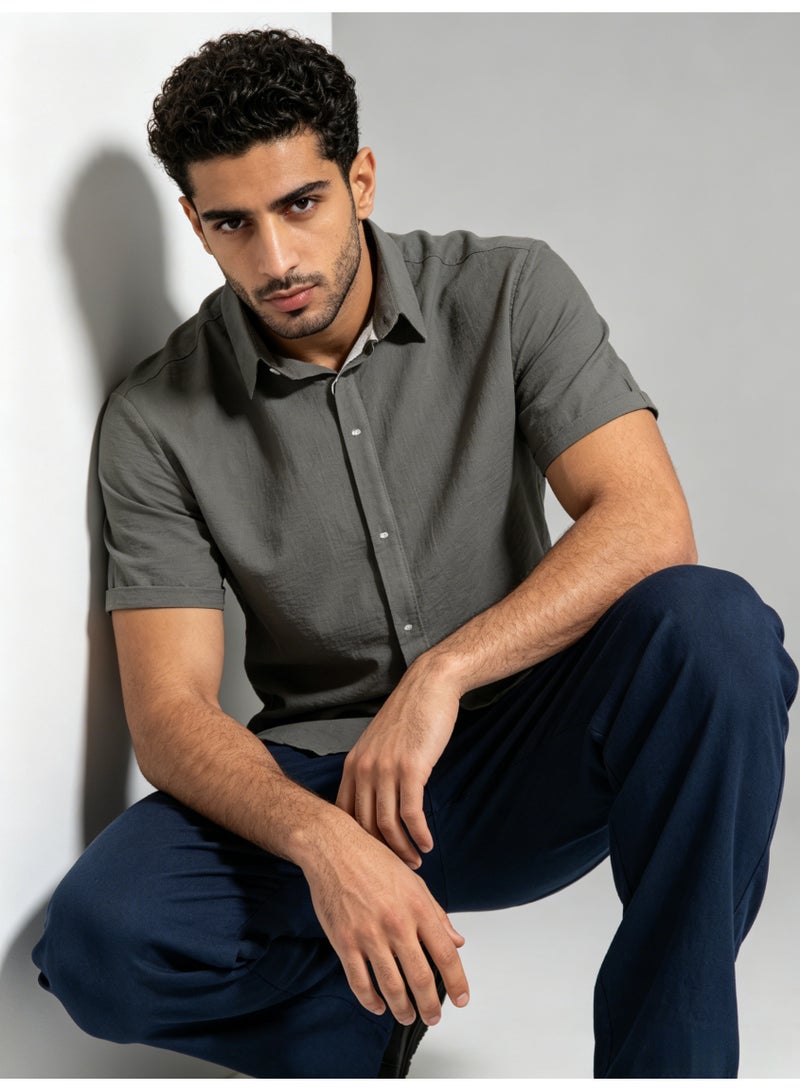 زارا ZARA Men’s Grey Textured Short Sleeve Button Down Casual Shirt - Image 3