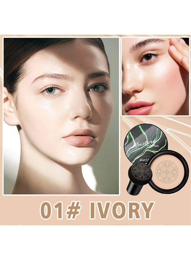 AWCCXMYM Mushroom Head Air Cushion CC Cream Foundation, Moisturizing Concealer Long Lasting Mushroom Head Foundation Makeup Matte Even Skin Tone Full Coverage Foundation CC Cream Suitable for Mature Skin (Ivor 