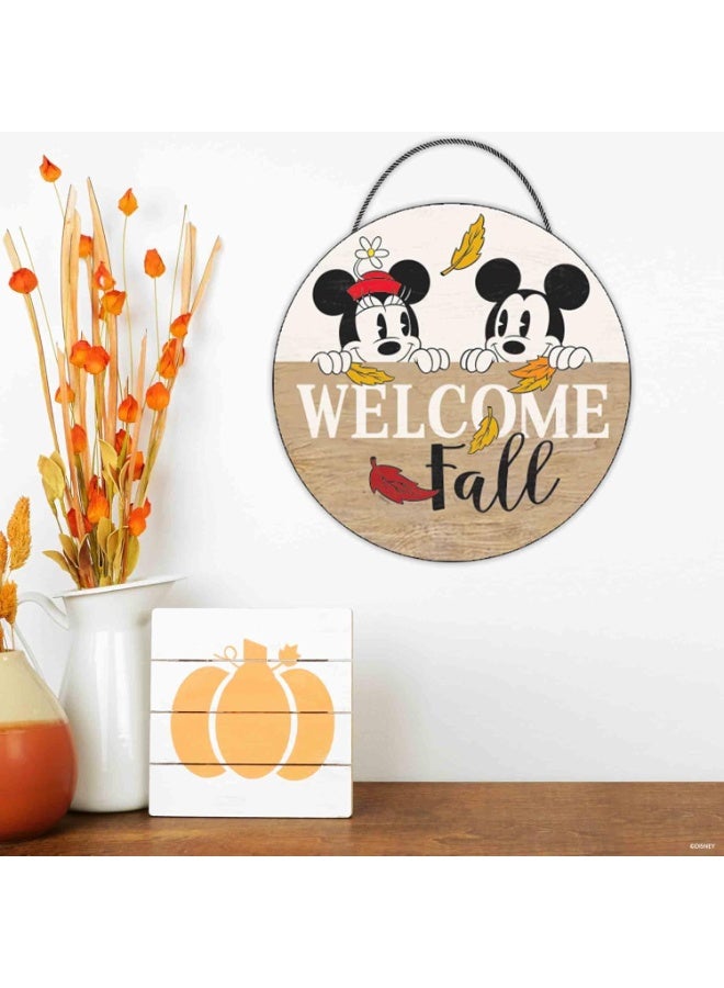 Open Road Brands Mickey Mouse and Minnie Welcome Fall Round Hanging Wood Wall Decor - Adorable Mickey Mouse Sign for Fall Decorating Tan/White - Image 1