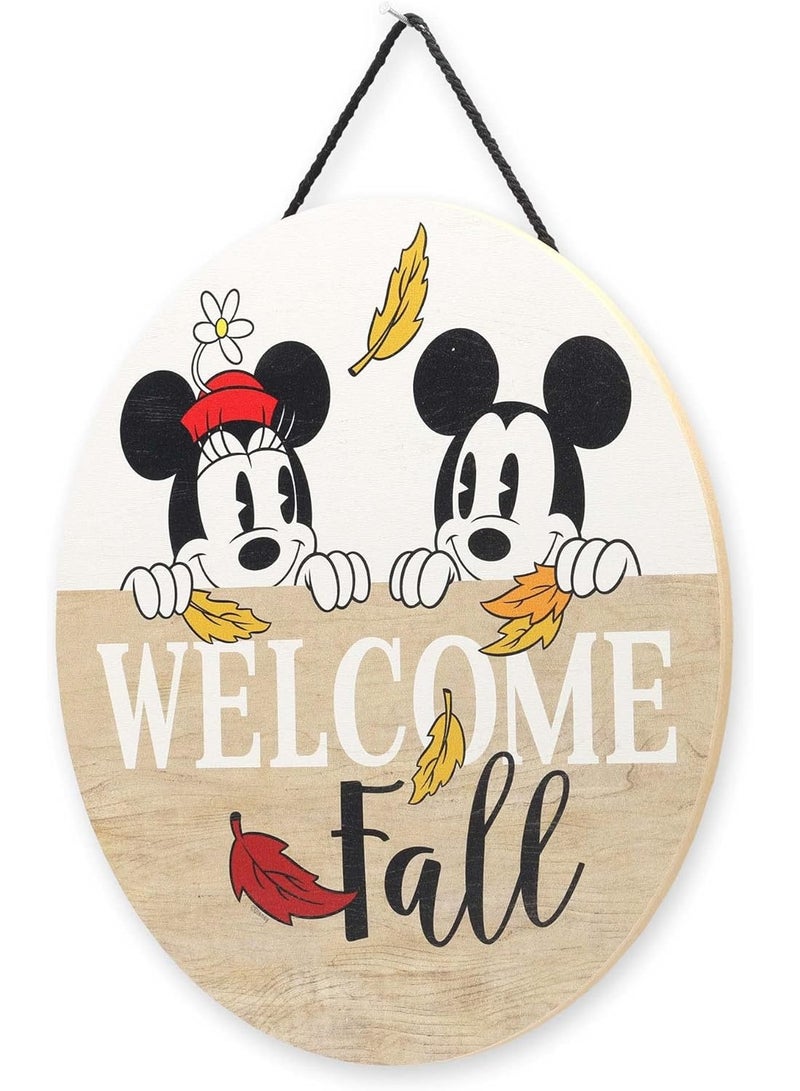 Open Road Brands Mickey Mouse and Minnie Welcome Fall Round Hanging Wood Wall Decor - Adorable Mickey Mouse Sign for Fall Decorating Tan/White - Image 3