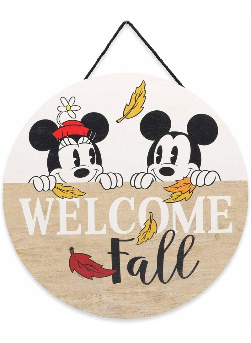 Open Road Brands Mickey Mouse and Minnie Welcome Fall Round Hanging Wood Wall Decor - Adorable Mickey Mouse Sign for Fall Decorating Tan/White - Image 2