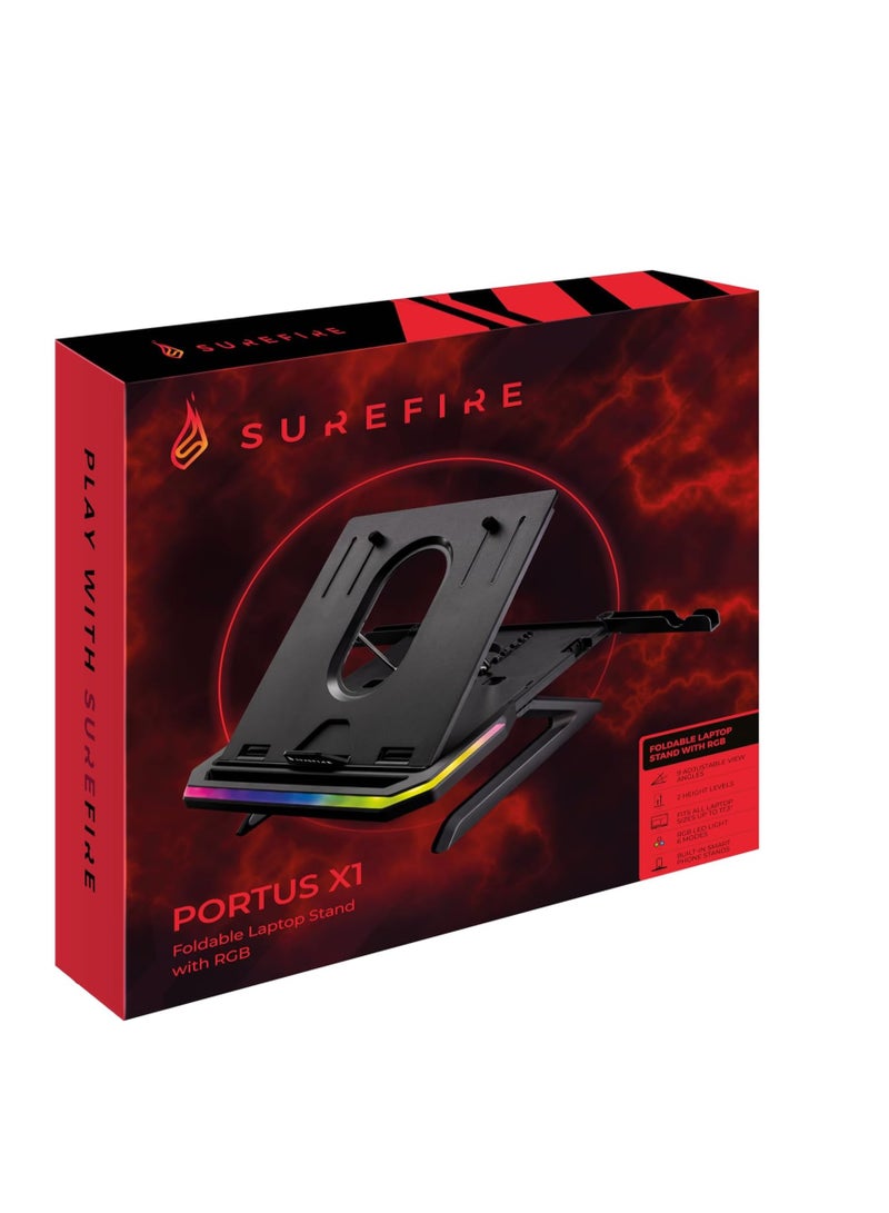 Surefire Portus X1 Gaming Laptop Stand, Notebook Stand Height Adjustable with RGB Lighting, Holder for 10, 17.3 Inch Laptops, Tablet Riser with Ventilation for Desk - Image 1