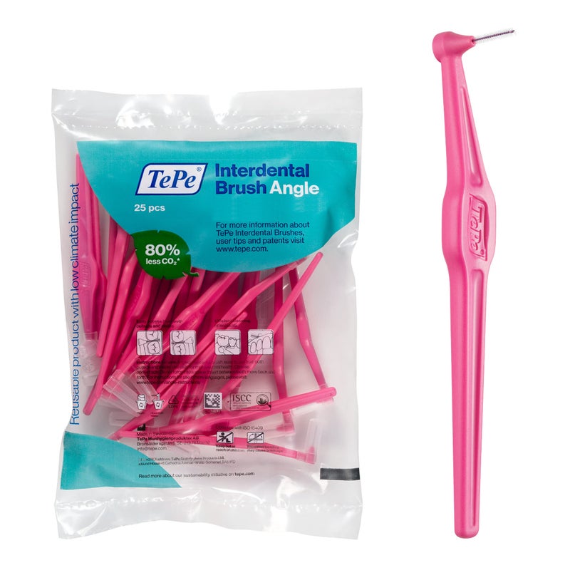 TePe Interdental Brush Angle, Angled Dental Brush for Teeth Cleaning, Pack of 25, 0.40 mm, Extra-Small/Small Gaps, Pink, Size 0 - Image 1