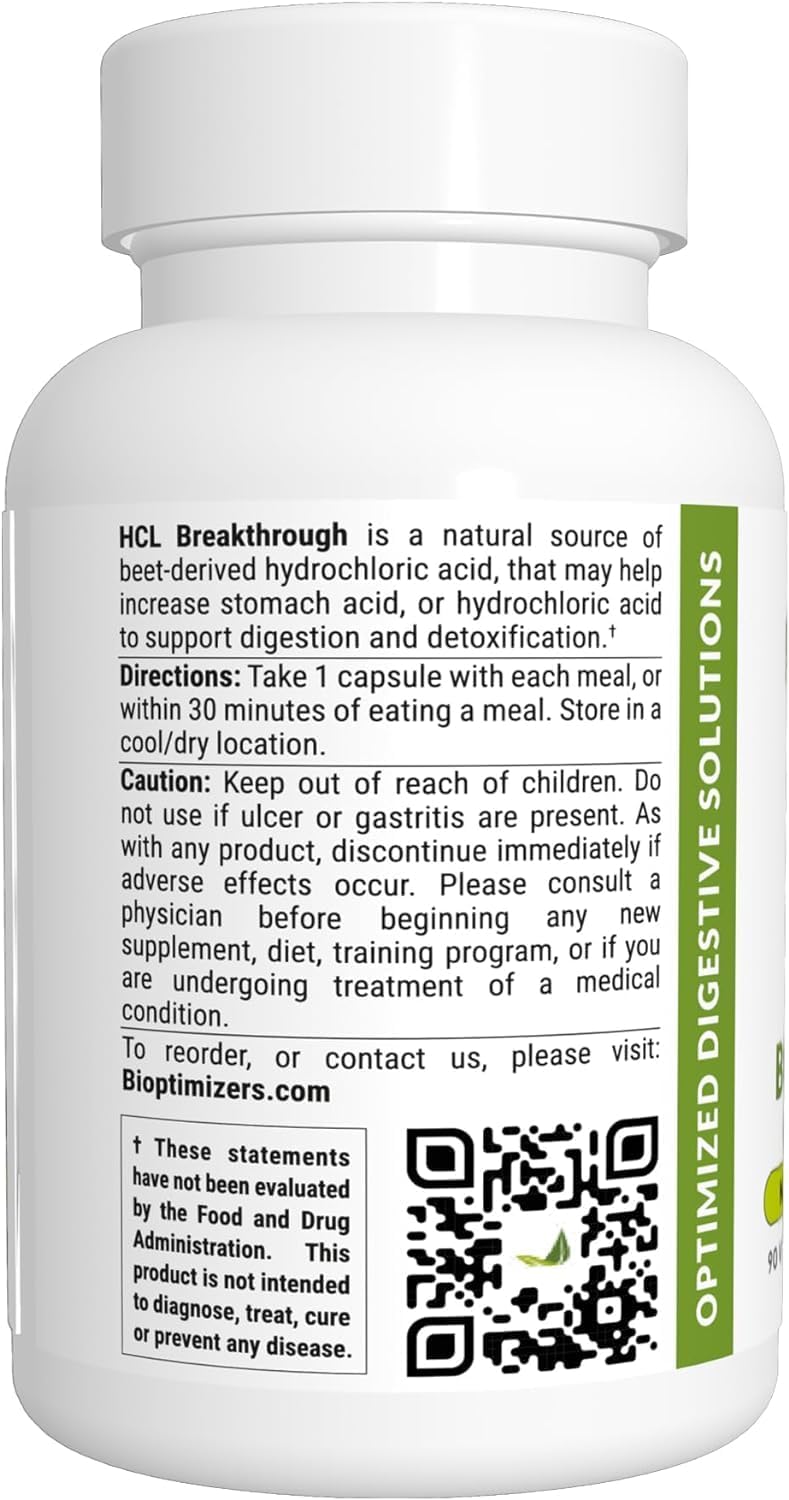 BiOptimizers HCL Breakthrough Betaine HCL Hydrochloride Enzymes Supplement Hydrochloric Acid Protein Breakdown Absorption Helps Gas and Heartburn Relief 90 Betaine HCL Pepsin Capsules - Image 2