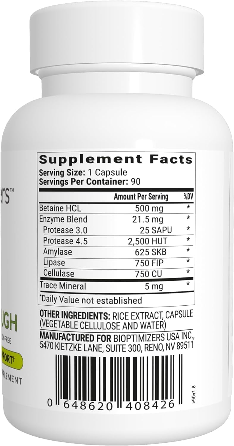 BiOptimizers HCL Breakthrough Betaine HCL Hydrochloride Enzymes Supplement Hydrochloric Acid Protein Breakdown Absorption Helps Gas and Heartburn Relief 90 Betaine HCL Pepsin Capsules - Image 3