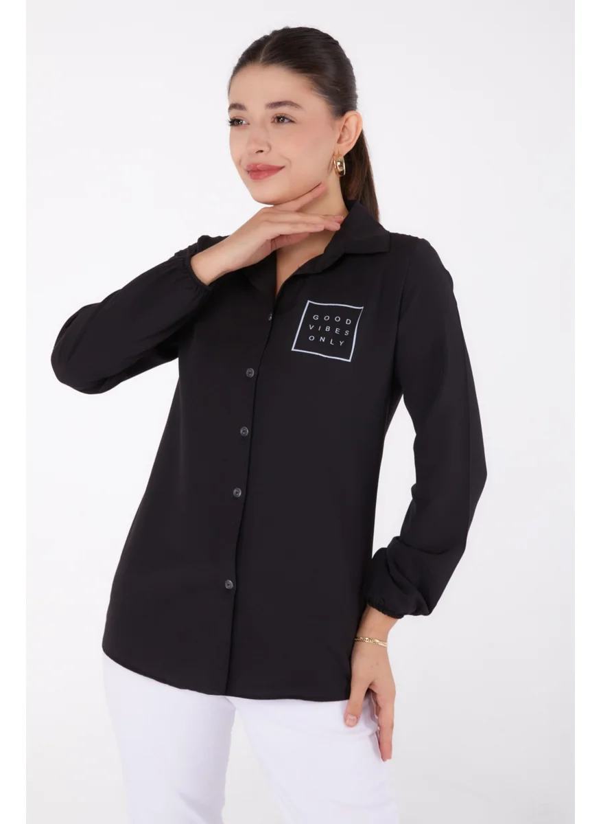 Tofisa Plain Shirt Collar Women's Black Printed Shirt - 13344