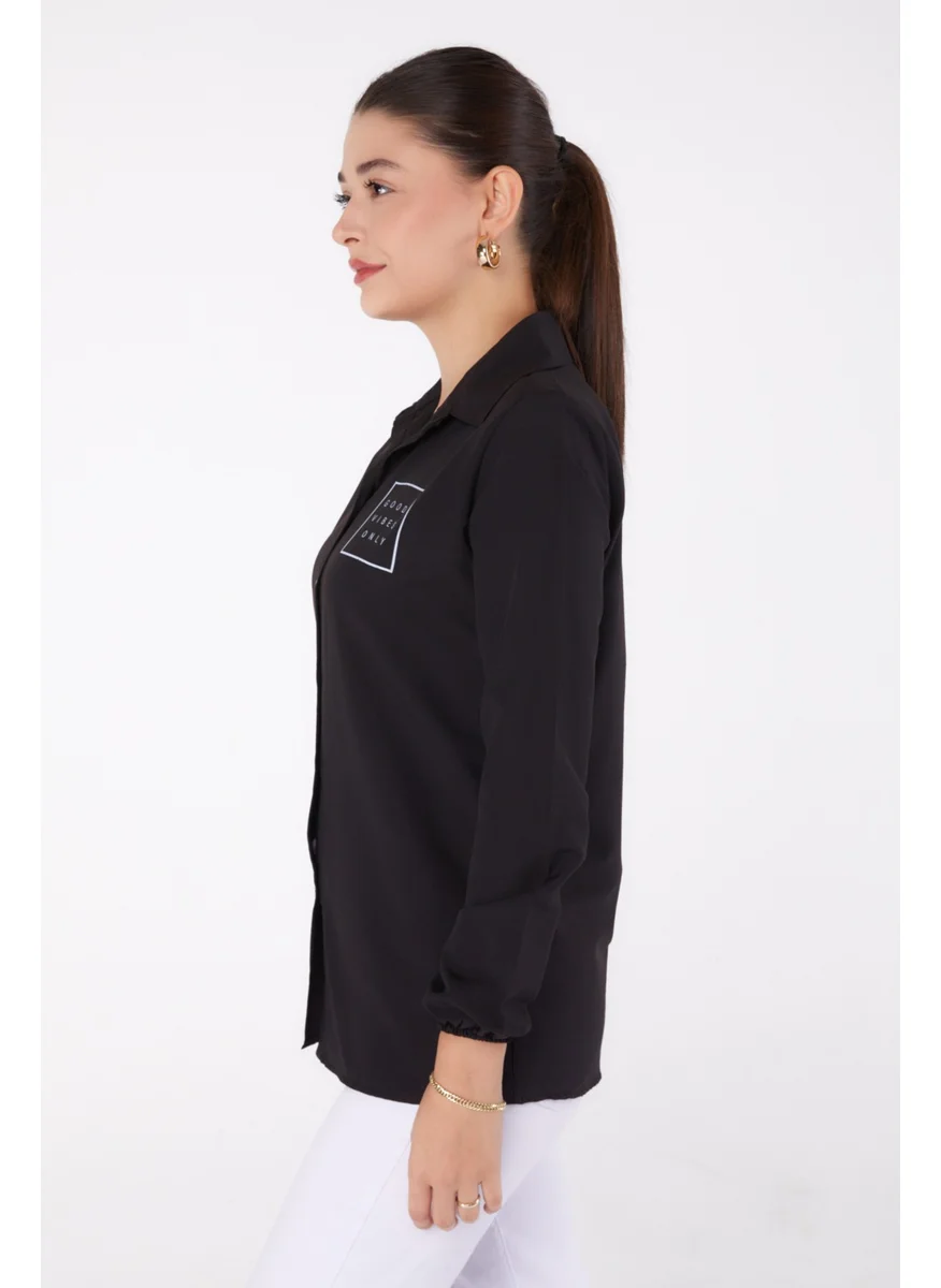 Tofisa Plain Shirt Collar Women's Black Printed Shirt - 13344