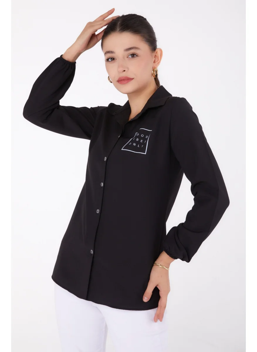 Tofisa Plain Shirt Collar Women's Black Printed Shirt - 13344
