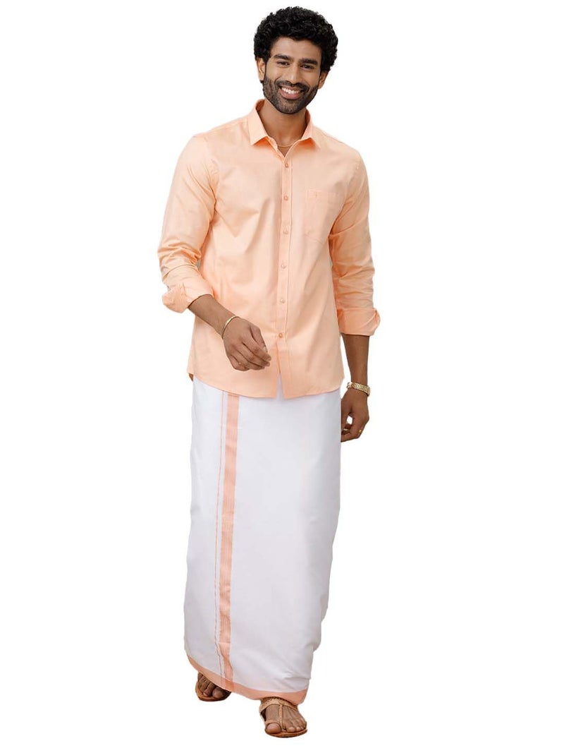 RAMRAJ COTTON رامراج كوتون قميص رجالي قطني بقصة عادية بأكمام كاملة مع حدود متناسقة للدوتي (بيتش؛ 42) - Image 1