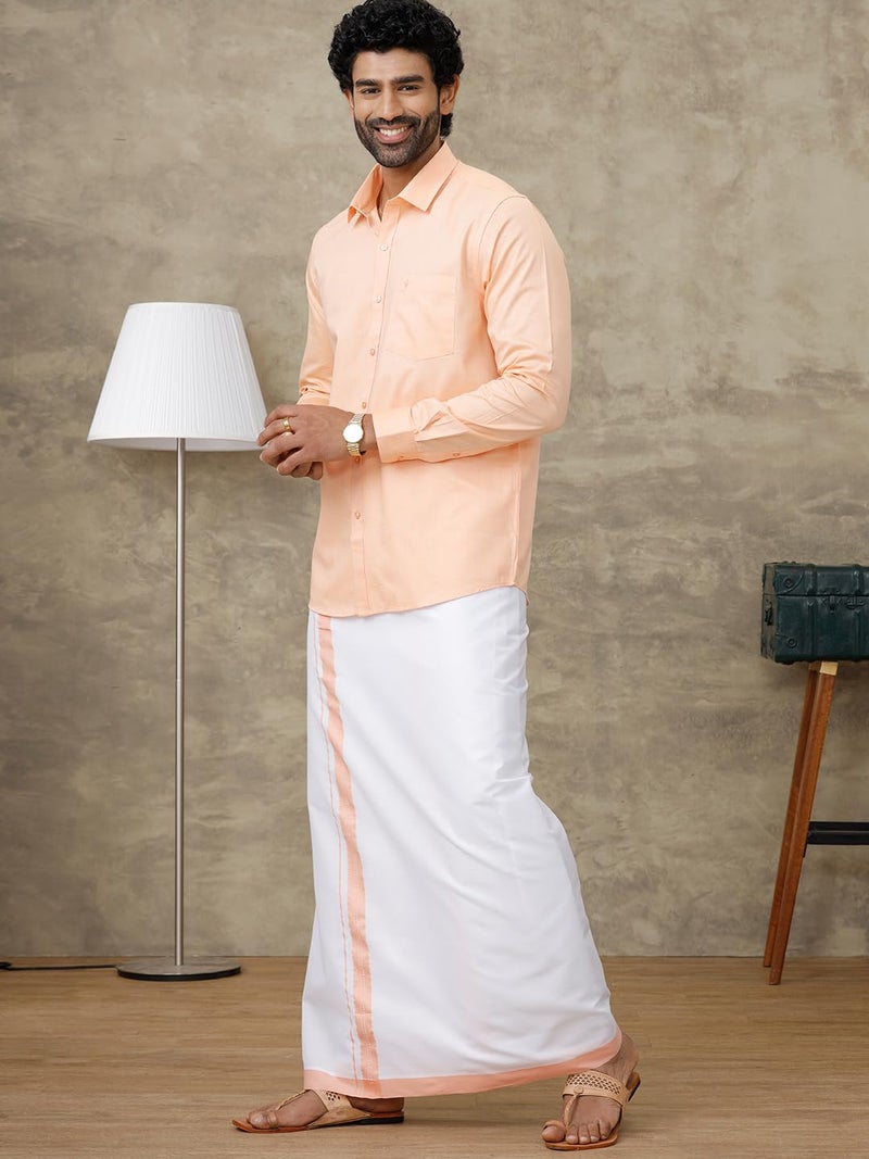 RAMRAJ COTTON رامراج كوتون قميص رجالي قطني بقصة عادية بأكمام كاملة مع حدود متناسقة للدوتي (بيتش؛ 42) - Image 3