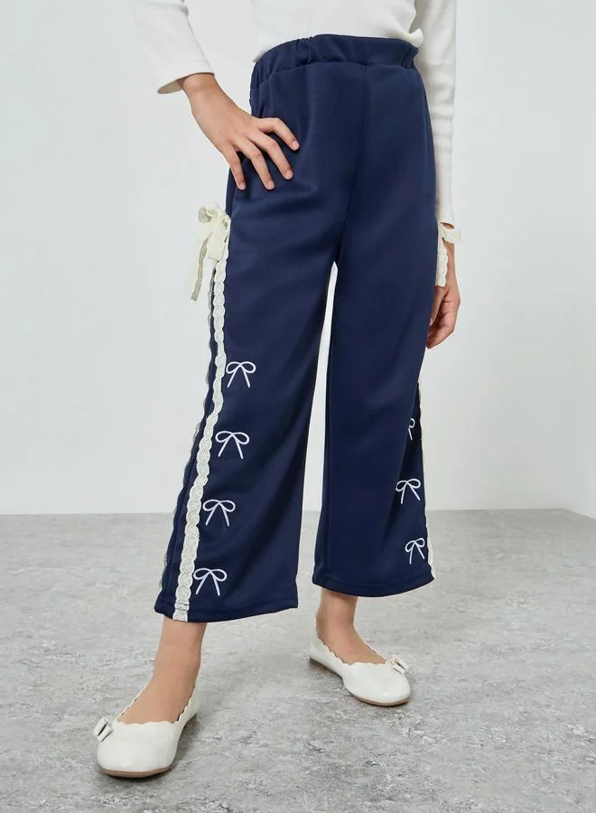 Styli Girls Navy Blue Wide Leg Joggers with Lace Detail