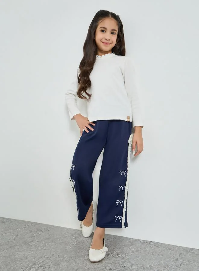 Styli Girls Navy Blue Wide Leg Joggers with Lace Detail