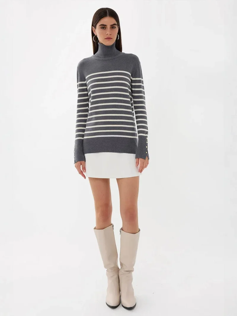 HICCUP Striped Button Detailed Knitwear Sweater