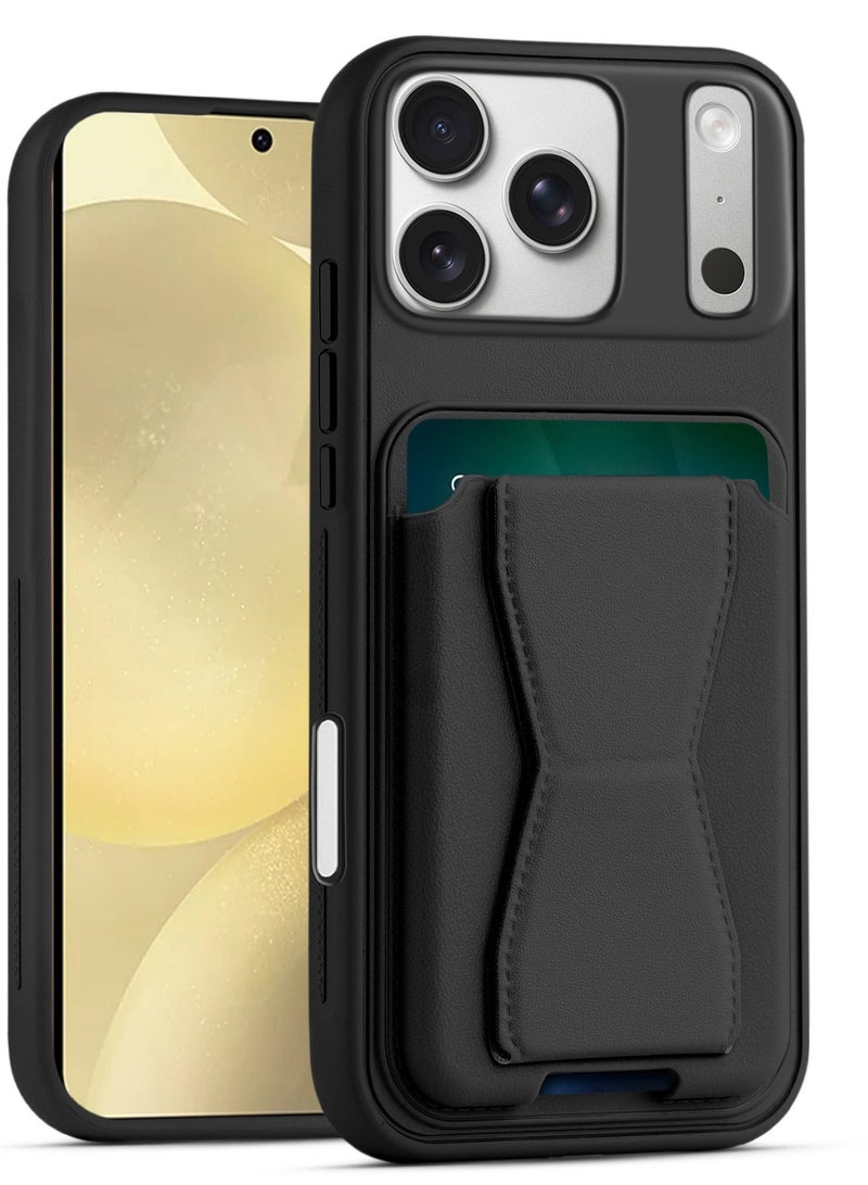 غطاء خلفي من الجلد مع محفظة بطاقات، جراب قابل للطي ومقاوم للصدمات، متوافق مع آيفون 17 برو ماكس (أسود)