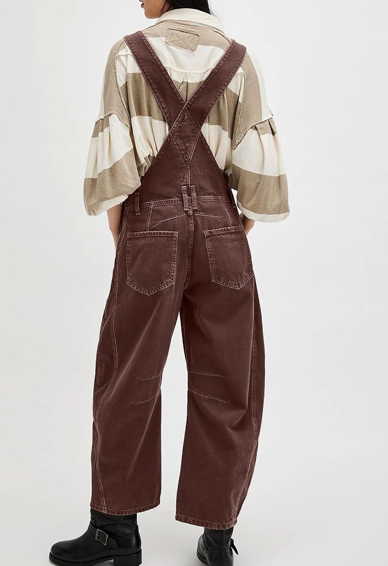 yoeasy Womens Denim Bib Overalls Barrel Wide Leg Baggy Adjustable Strap Denim Pants Jumpsuits with Pockets (X-Large, Chocolate) - Image 2