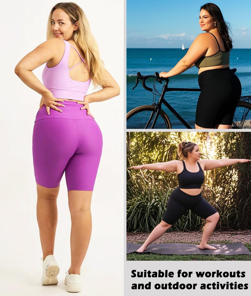 NEW YOUNG 3 Pack Plus Size Biker Shorts with Pockets for Women-High Waisted 8" Yoga Pants Workout Shorts - Image 4