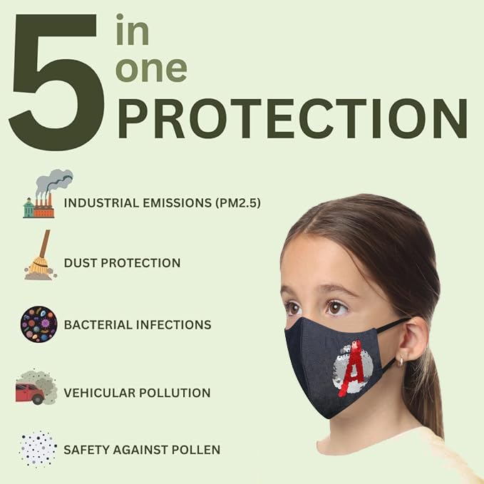 MASQ By Q-One Annular 4 Layer, Anti-Pollution Reusable, with Lanyard & Ear Adjusters, Anti-Bacterial (BFE>99%) Embroidered Cotton Cloth Face Mask for Kids (Pack of 3) - Image 3