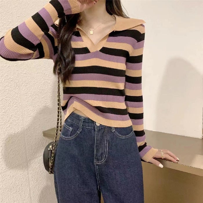 Fall 2023 Internet celebrity New striped lapel long-sleeved T-shirt knitwear womens fashionable chic top bottoming shirt Lotus root starch 