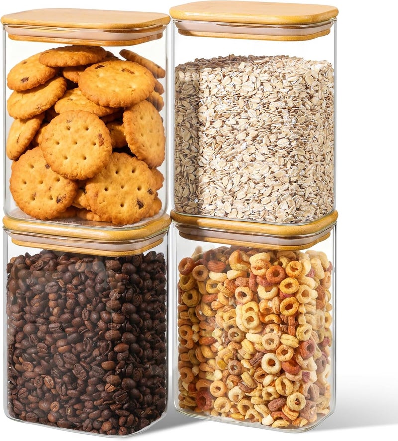 مجموعة من 4 علب تخزين محكمة الإغلاق سعة 1.1 لتر، حاويات زجاجية مزودة بأغطية، منظمات مكتبة لتخزين المعكرونة والدقيق والحبوب.
