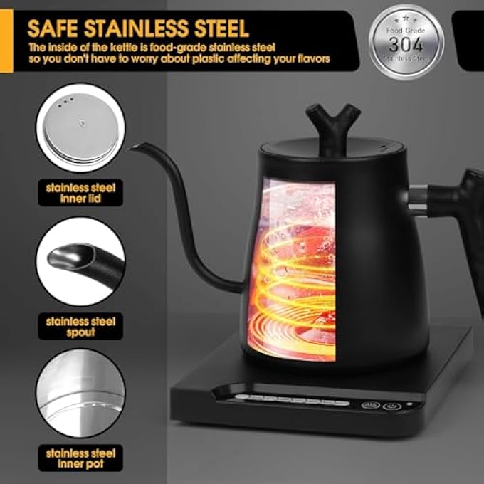 Unity 304 Stainless Steel Gooseneck Kettle Electric Auto Shut Off Temperature Control With 7 Variable Presets Kettl Smart Kettle Suitable For Brewing Coffee And Tea 1L White - Image 4