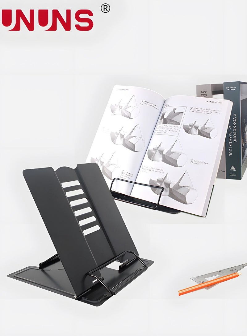 UNUNS حامل حامل الكتب، حامل معدني قابل للتعديل للكتب مع زاوية بستة أوضاع ومشابك ورق للصفحة للوازم المنزلية المكتبية - Image 1