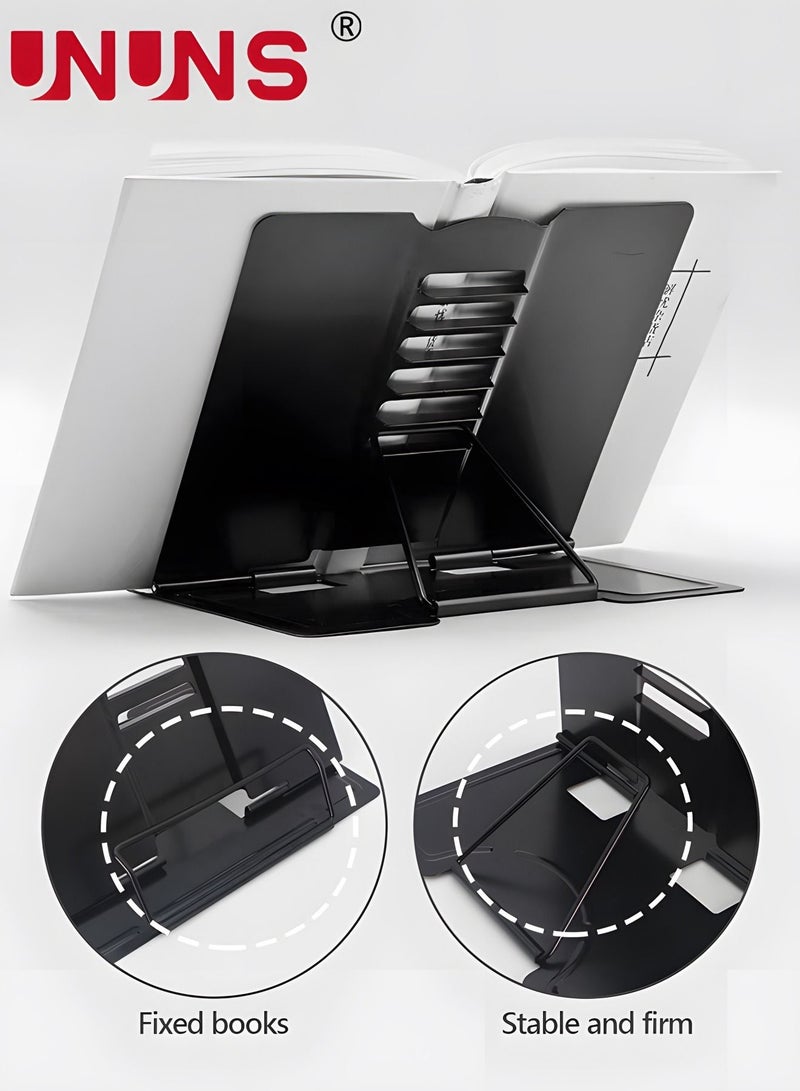 UNUNS حامل حامل الكتب، حامل معدني قابل للتعديل للكتب مع زاوية بستة أوضاع ومشابك ورق للصفحة للوازم المنزلية المكتبية - Image 2