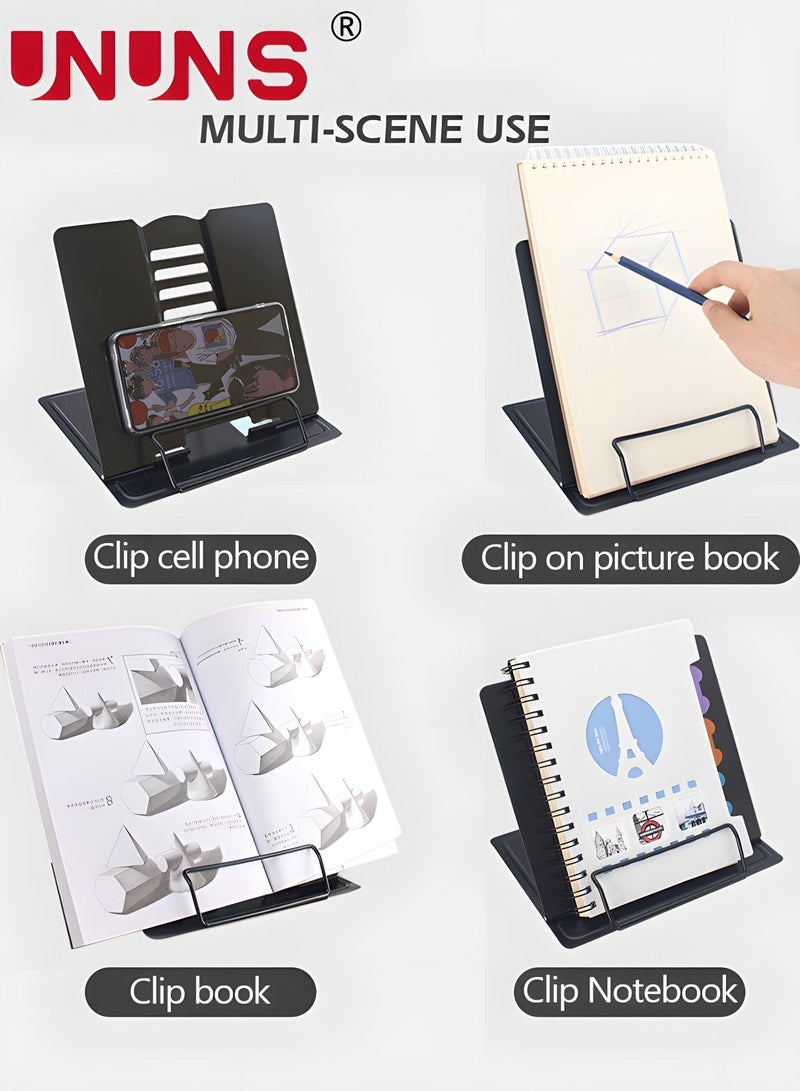 UNUNS حامل حامل الكتب، حامل معدني قابل للتعديل للكتب مع زاوية بستة أوضاع ومشابك ورق للصفحة للوازم المنزلية المكتبية - Image 4