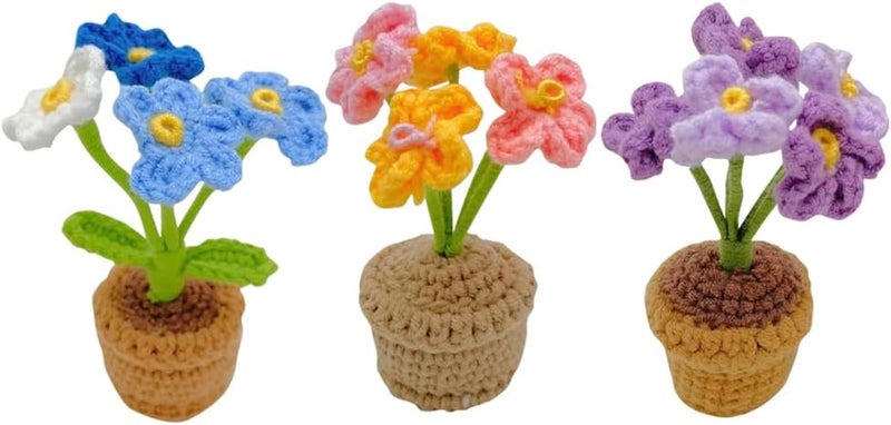 Yangshine 3 x Handmade Mini Artificial Flower Potted Crochet Forget-Me Not for Office Car Dashboard Decoration Color #3 - Image 1