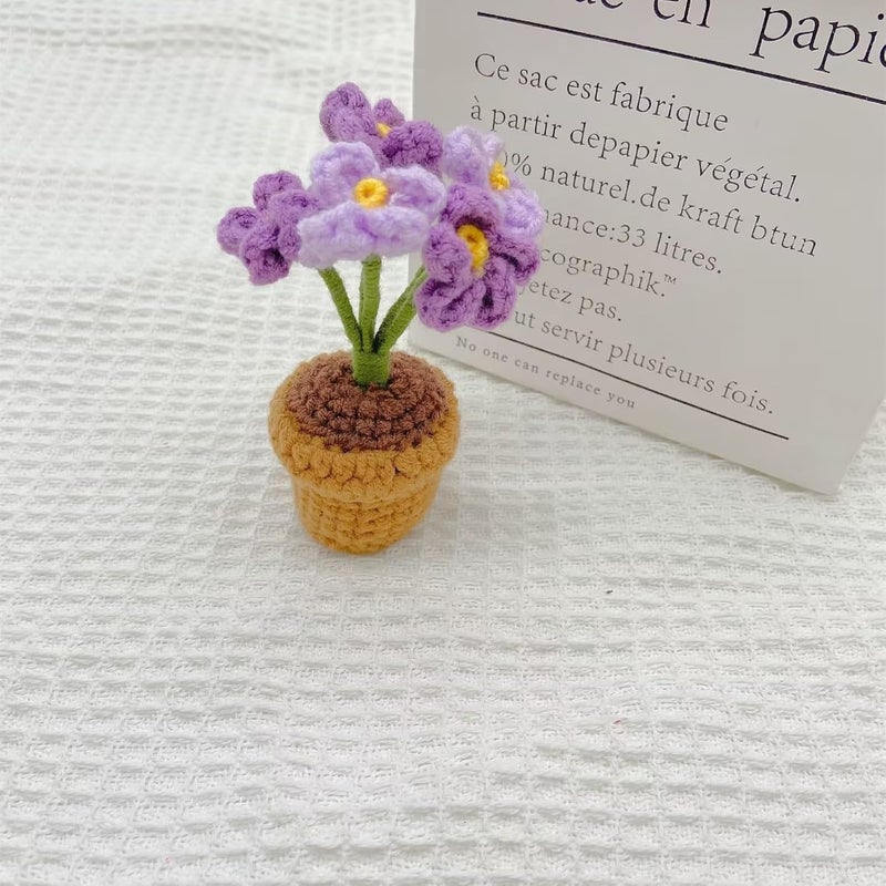 Yangshine 3 x Handmade Mini Artificial Flower Potted Crochet Forget-Me Not for Office Car Dashboard Decoration Color #3 - Image 3