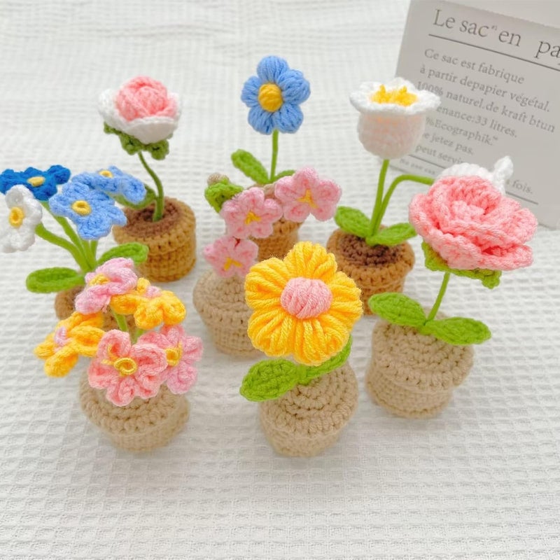 Yangshine 3 x Handmade Mini Artificial Flower Potted Crochet Forget-Me Not for Office Car Dashboard Decoration Color #3 - Image 5